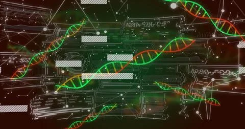 Floating glowing green and red DNA double helix strands crossing virtual lab, 스톡 일러스트