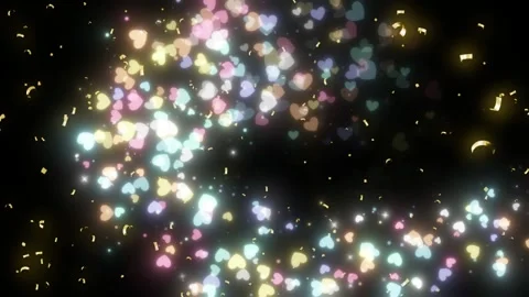 Floating glowing heart particles swirling in a dark space with golden confetti Stock-Footage 345334890