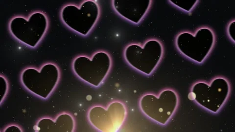 Floating glowing heart symbols pattern backdrop with shimmering golden particle Stock Footage 342118822