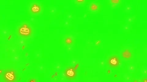 Floating glowing jack o lanterns rising against bright green background for 库存影片 345329491