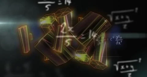 Floating glowing metallic rectangular prisms in abstract computer environment, Stock Photos