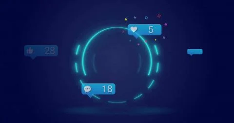 Floating glowing neon circular interface in digital space with social media Stock Photos