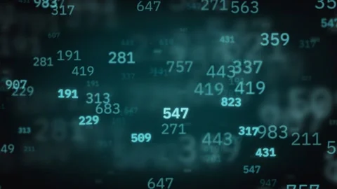 Floating glowing numbers on a dark blurred teal abstract . The composition .. Stock Footage 345761471