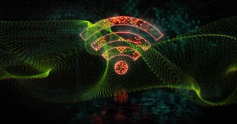 Floating glowing orange-red Wi-Fi icon in abstract digital landscape, with Stock Photos