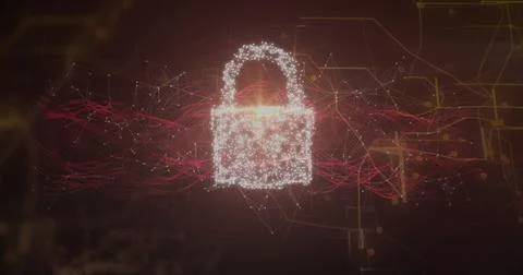 Floating glowing padlock icon weaving through network space, with red data イラスト素材
