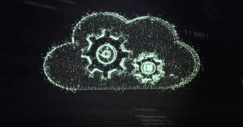 Floating glowing particle cloud icon hovering in virtual display, with gear Stockfoto's