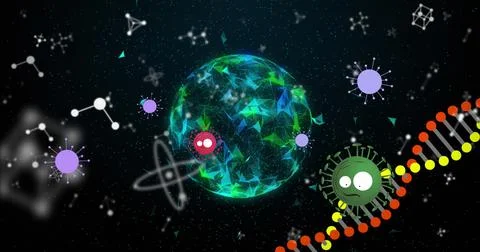 Floating glowing polygonal sphere drifting through cosmic lab, with virus Ilustración de archivo