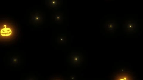 Floating glowing pumpkin lanterns and twinkling fireflies on black background Stock Footage 343840240