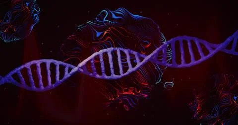 Floating glowing purple DNA double helix strand in visualization space, with Illustrazione stock