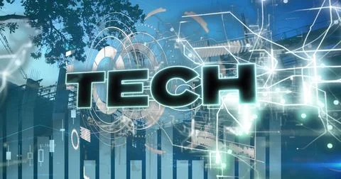 Floating glowing TECH graphic hovering over construction site facade, with Stock Photos