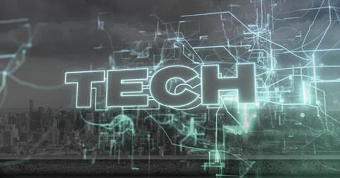 Floating glowing TECH text hovering above rooftop ledge, with neon circuit lines Stock Illustration