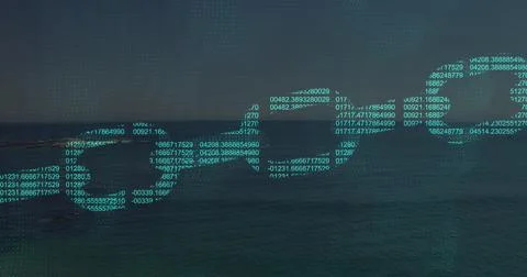 Floating glowing turquoise digital chain hovering over ocean at dusk, with Ilustração Stock