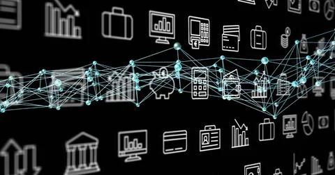 Floating glowing turquoise network undulating on dark backdrop, showing finance Stock Illustration