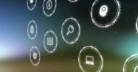 Floating glowing UI icons drifting in virtual starry space, showing magnifying Stock Illustration