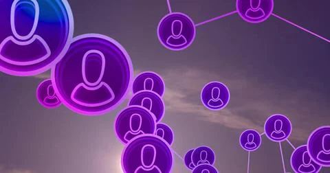 Floating glowing user profile icons forming network web against twilight sky, Stock Photos