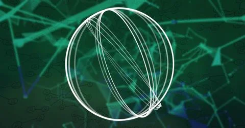 Floating glowing wireframe sphere hovering in network visualization, with nodes, Stock Photos