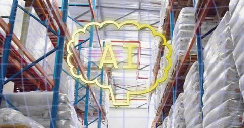 Floating glowing yellow thought-bubble graphic AI hovering in warehouse aisle, Stock Photos