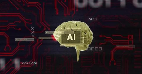 Floating gold 3D brain model hovering over red circuit traces, showing AI label, 스톡 일러스트