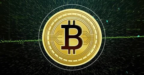 Floating gold Bitcoin coin rotating within digital dashboard, showing embossed B Stock Illustration