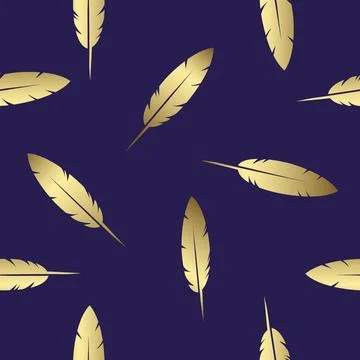 Floating Gold Feathers on a Blue Backdrop  Seamless Pattern Stock Illustration