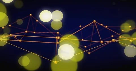 Floating gold nodes network rotating in navy gradient, with metallic lines and Stock Photos