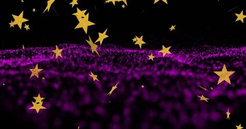 Floating gold star shapes dancing above purple particle wave in digital space, Stock Illustration
