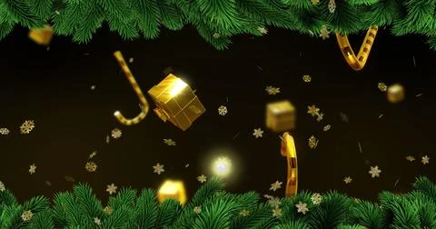 Floating gold wrapped gift box glowing against green fir branches with candy Stock Illustration
