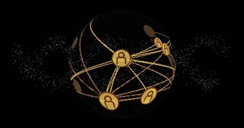 Floating golden 3D globe in dark digital void, showing glowing data points and Illustrazione stock