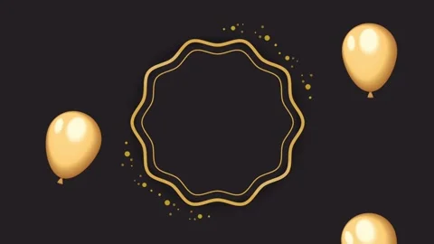 Floating golden balloons moving around a decorative elegant badge on black .. Video stock 339046845