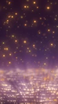 Floating golden bokeh particles over a soft purple horizon, dreamy abstract.. Ilustração Stock