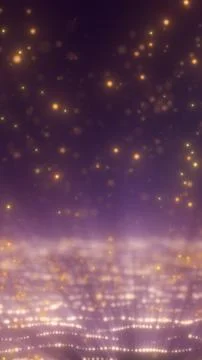 Floating golden bokeh particles over a soft purple horizon, dreamy abstract.. Ilustração Stock