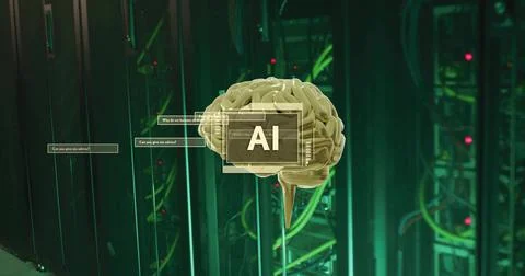 Floating golden brain hovering among server racks, displaying AI overlay, chat Stock Illustration