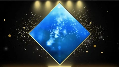Floating Golden Confetti Particles Around a Glowing Blue Diamond Frame on a Stock-Footage 338368280