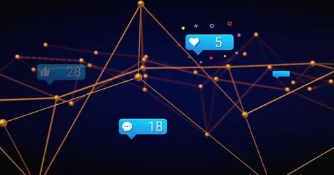 Floating golden nodes and thin lines forming web in virtual space, with blue Foto stock