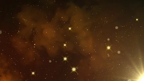 Floating Golden Particles Moving in Dark Space Background with Glowing Lens Stock Footage 338439292