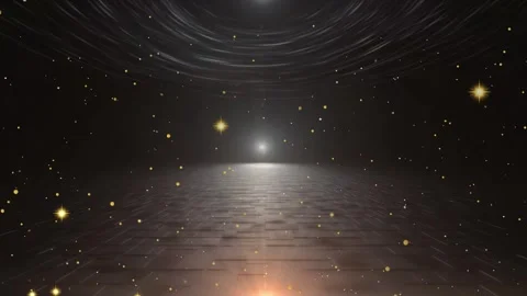 Floating golden particles moving over a dark reflective floor in a cinematic Stock Footage 338368776