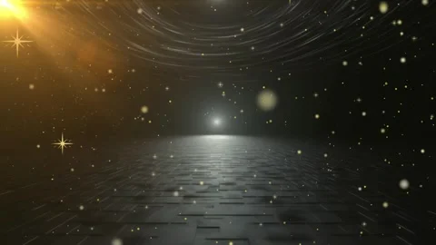 Floating golden particles moving over a dark reflective floor in a cinematic Stock Footage 338439225