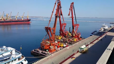 Floating grab crane platform at the berth of the Odessa port. Stock Footage 145269320