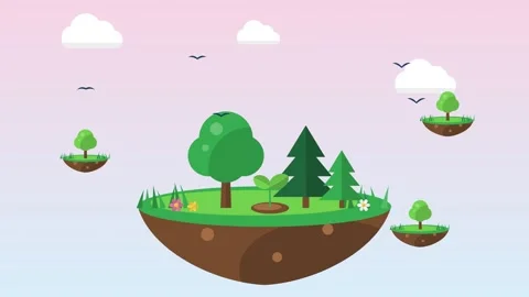 Floating grass islands with trees bobbing among clouds and birds Stock-Footage 348618299