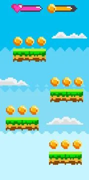 Floating grassy platforms with rows of collectible gold coins. Health bar and 스톡 일러스트