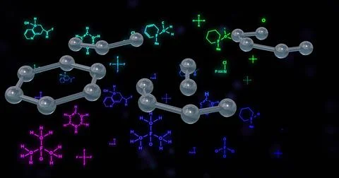 Floating gray ball-stick molecules filling center in dark void, with neon 2D Stock Illustration