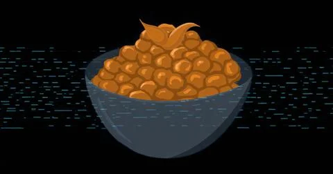 Floating gray-blue bowl containing orange bean-shaped pieces and swirl garnis Stock Illustration