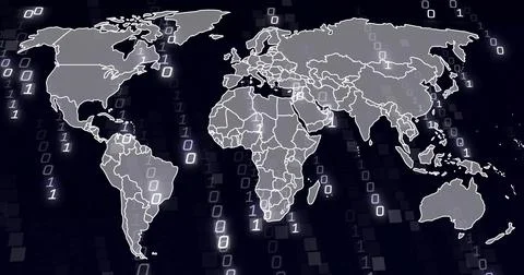 Floating gray world map with white borders over tiled grid, streaming binary Stock Illustration