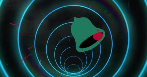 Floating green bell icon hovering over cyan spiral rings in neon abstract UI, Illustrazione stock