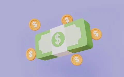 Floating green cash stack with dollar symbol and gold coins Stock Illustration