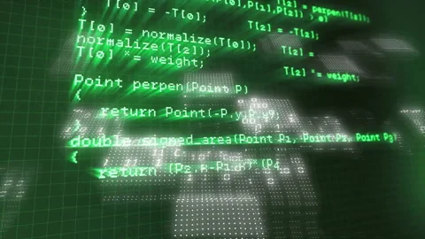 Floating green code activating on 3D grid with cubes, scrolling revealing class, Stock Footage 310659580