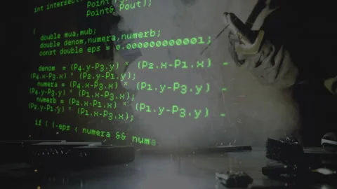 Floating green code lines drifting across workshop scene in 3D render, revealing Stock Footage 308100299