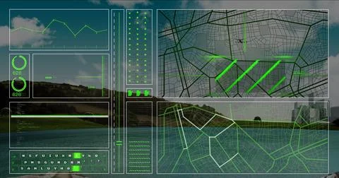 Floating green data interface showing line graph and dials at lakeside, with Stock Photos