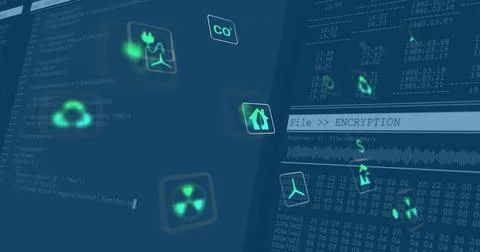 Floating green environmental icons hovering over code windows on interface, with Stock Illustration