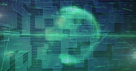 Floating green folder icon in virtual network, with binary streams, panels and Stockillustratie